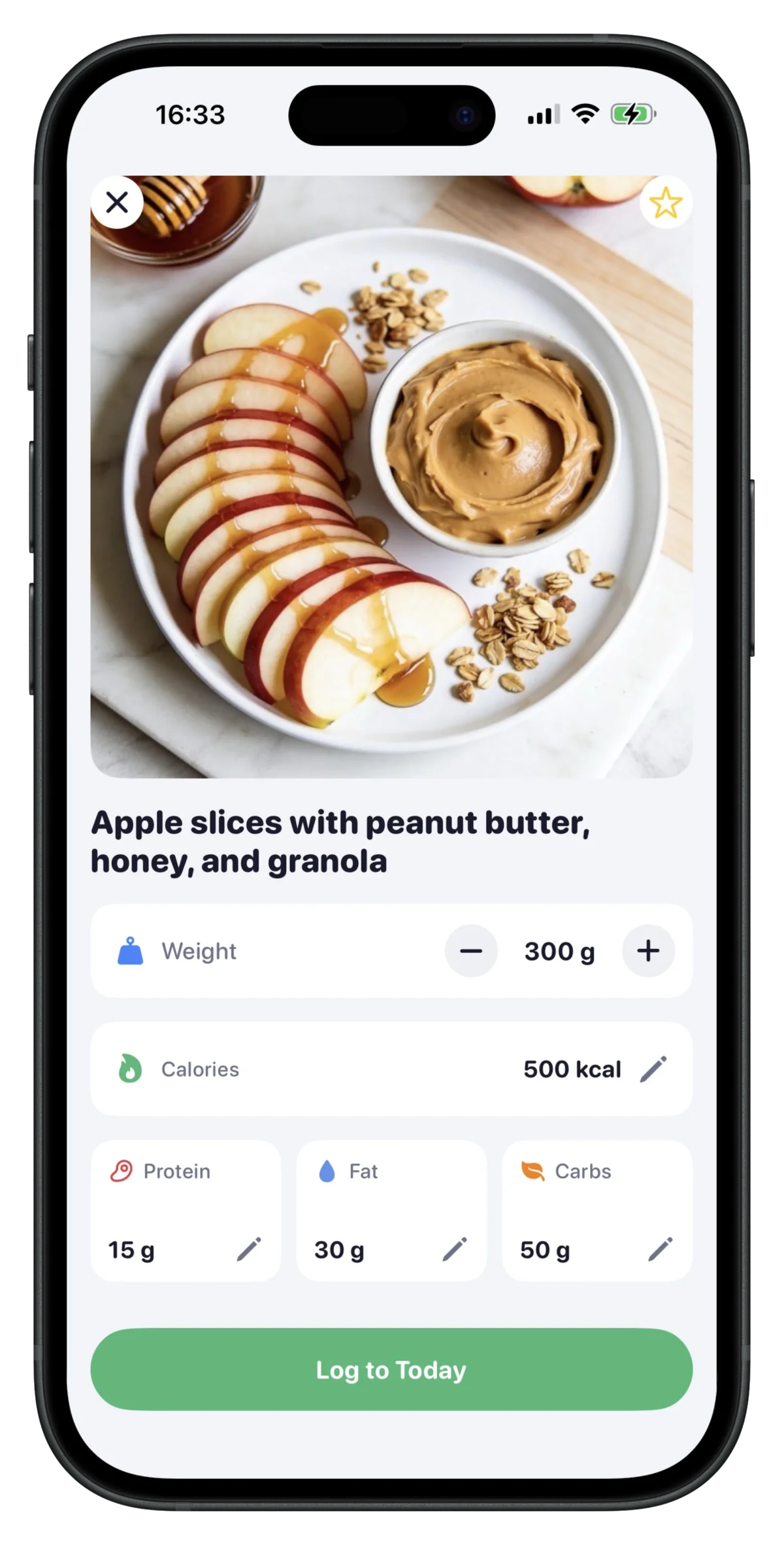 Caloy nutrition breakdown — Apple slices with peanut butter, 500 kcal, full macros