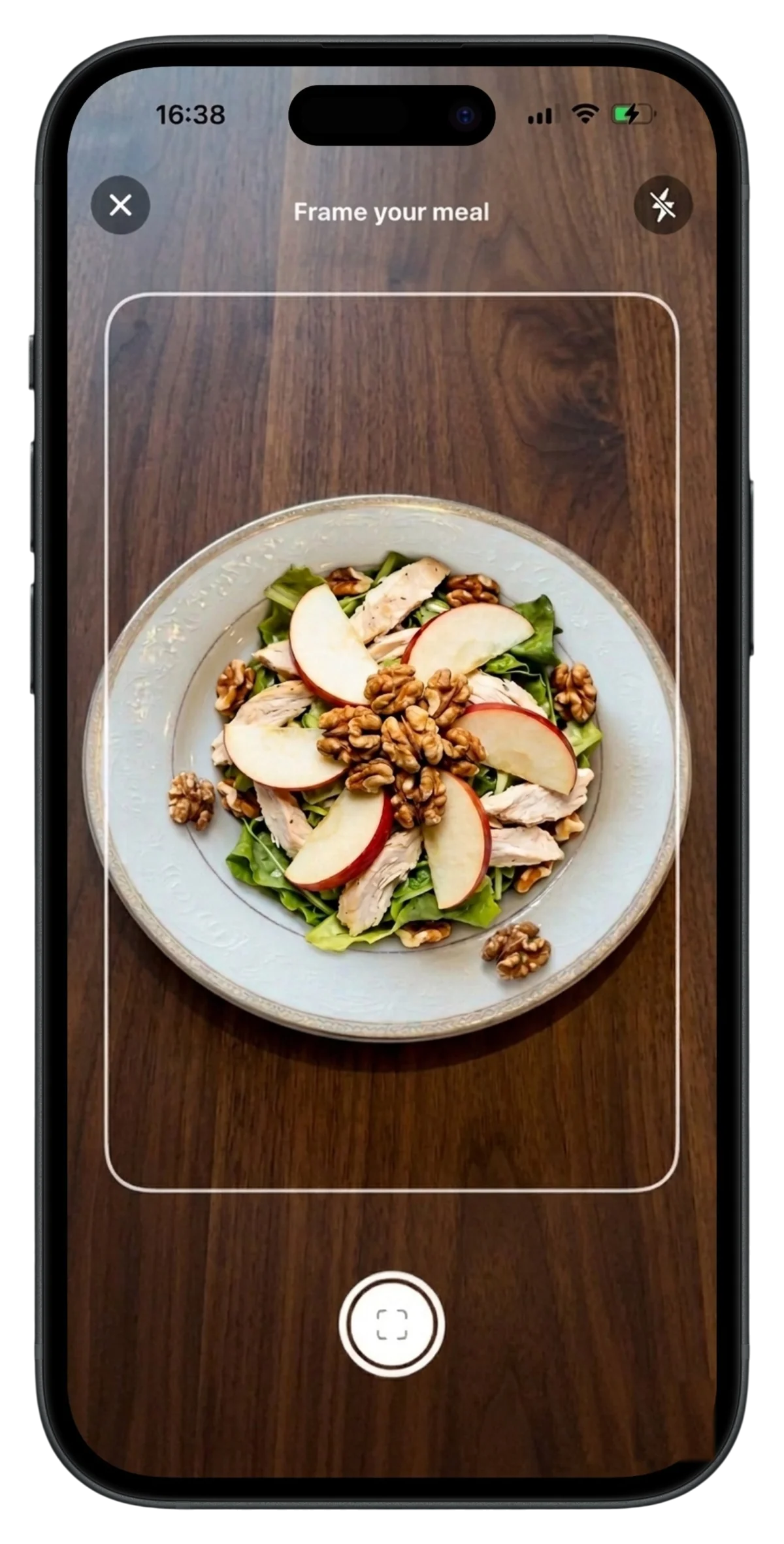 Caloy AI calorie counter scanner framing a chicken-apple-walnut salad