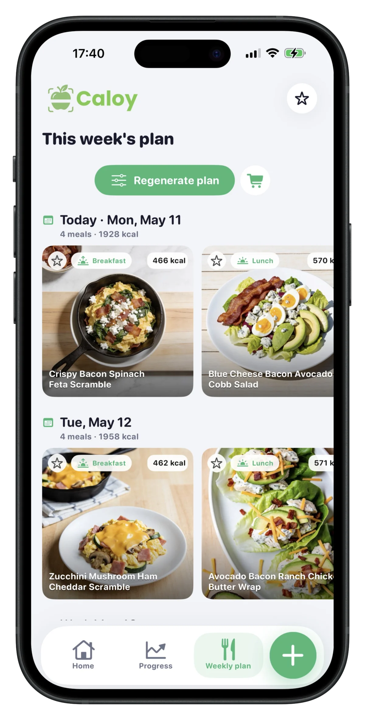 Caloy weekly plan with daily meal cards, kcal badges, and a grocery cart shortcut